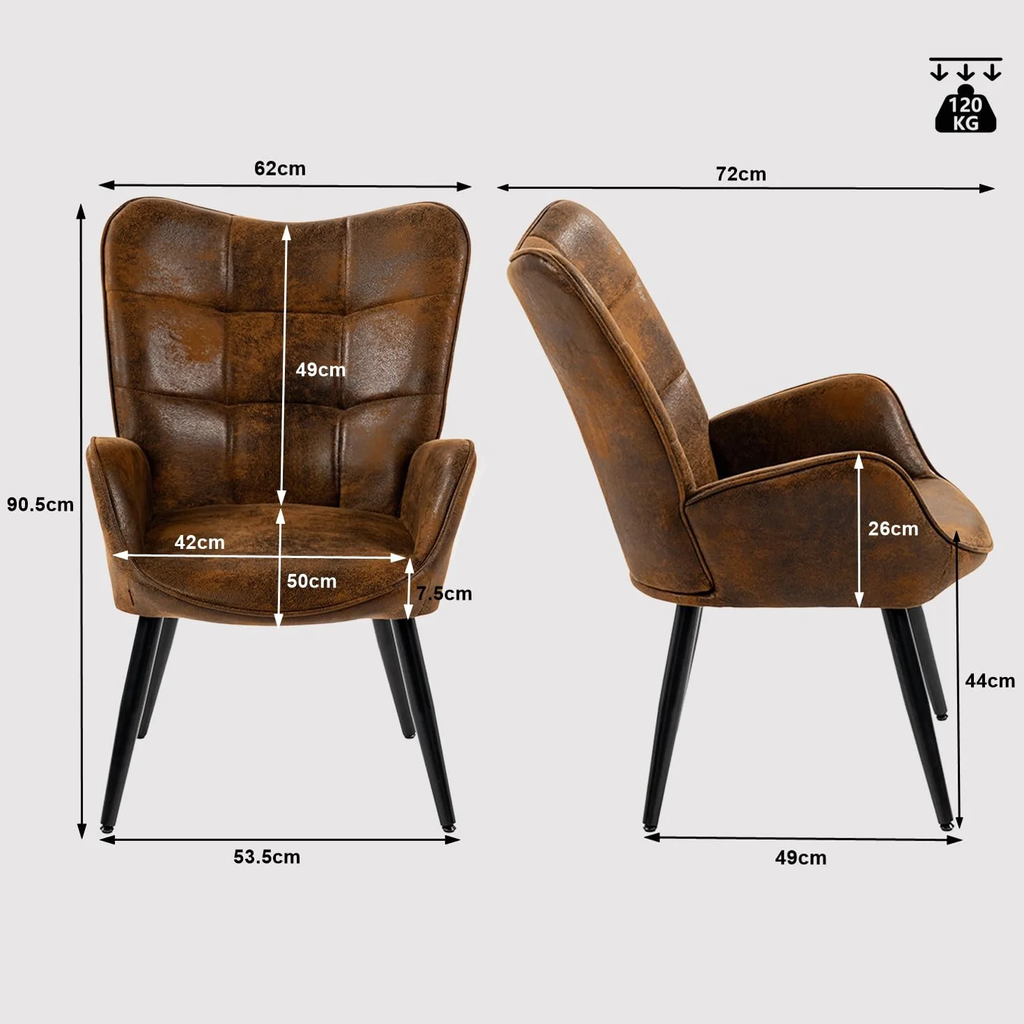 MEUBLE COSY Poltrona Imbottita Sedia da Salotto con Braccioli Poltroncina Relax con Schienale Alto e Cuscino Spesso Gambe in Metallo per Camera da Letto Soggiorno in Pelle Scamosciata Marrone