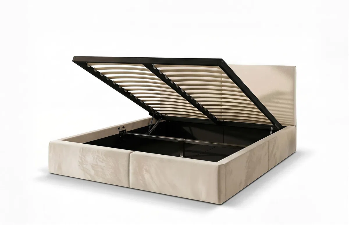 Letto imbottito 160 Hilton struttura del letto con rete a doghe in metallo con contenitore letto matrimoniale giroletto imbottito con cassettone letto per camera da letto (cashmere, 160x200)