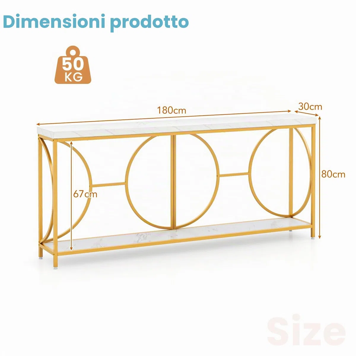 LIFEZEAL Consolle Ingresso Dorato, Lungo, 180x30x80cm, Tavolo Consolle a 2 Ripiani, con Effetto di Marmo, Moderno, Decorativo, Console Entrata, Corridoio, in Legno, Metallo, Max 50 kg, Oro e Bianco