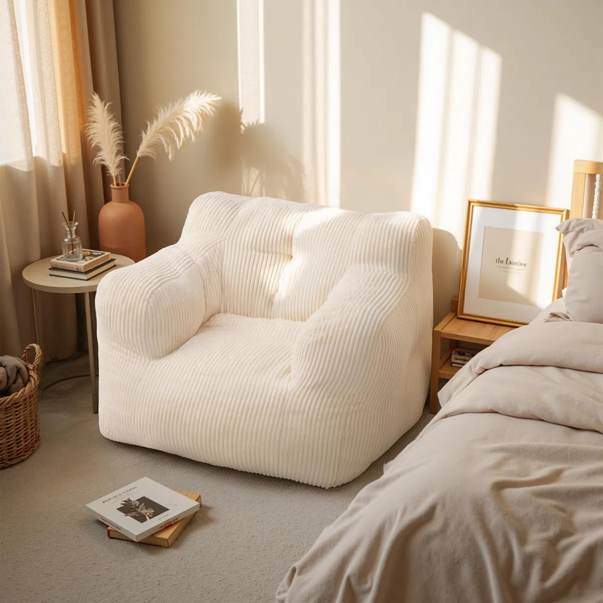 Pamapic Poltrona Sacco, Pouf Poltrona Singola con Imbottitura Inclusa, Pouf Sacco con Maniglia Portatile, Bean Bag Interno per Soggiorno, Camera da Letto, Sala giochi, Beige