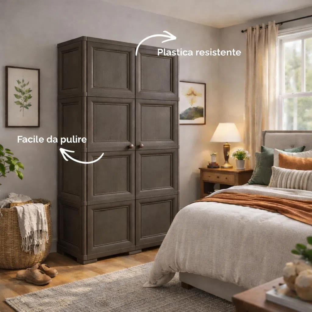 Armadio Multiuso in Plastica 2 Ante con 4 Scomparti e Vano Portascopa, Mobile Alto Organizzazione Casa per Lavanderia, Ingresso e Ripostiglio, 79x43x164 cm (Wengé)