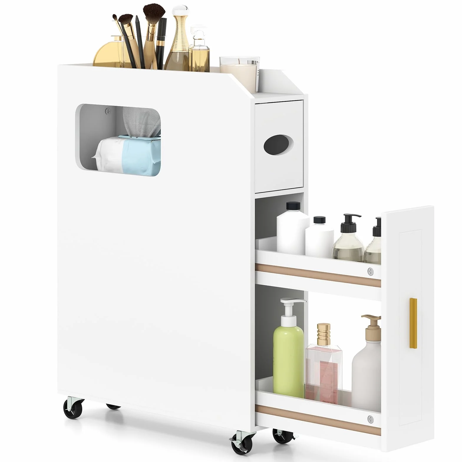 LIFEZEAL Armadietto da bagno, carrello portaoggetti arrotolabile, porta carta, porta spazzola e cassetto, piccolo organizzatore salvaspazio