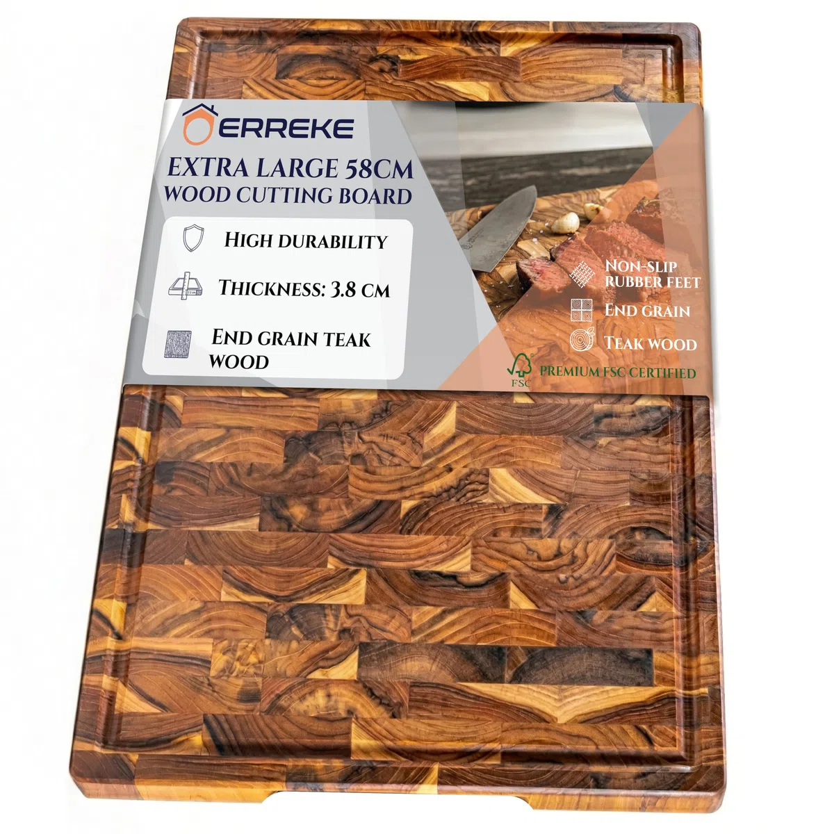Erreke Tagliere da Cucina in Legno di Teak Naturale, 58x38x3,8 cm, End Grain XXL con Scanalatura Raccogli-Succhi, Piedini Antiscivolo e Manici, Tagliere Legno Cucina