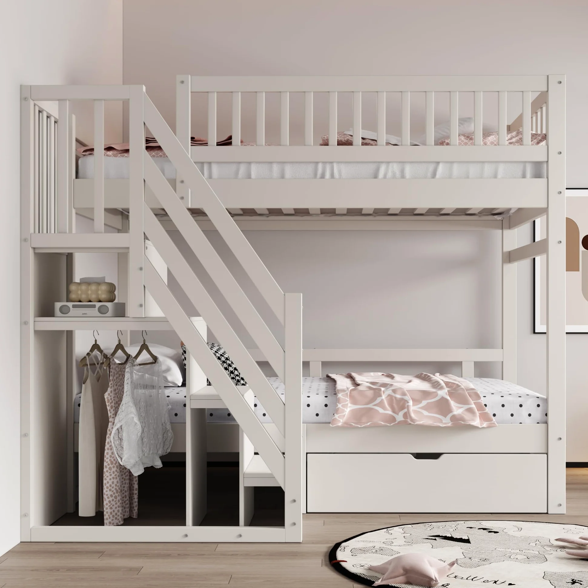 Letto a castello 90x200, letto per bambini con scala e armadio, letto a soppalco con cassetti, rete a doghe in legno, bianco, senza materasso
