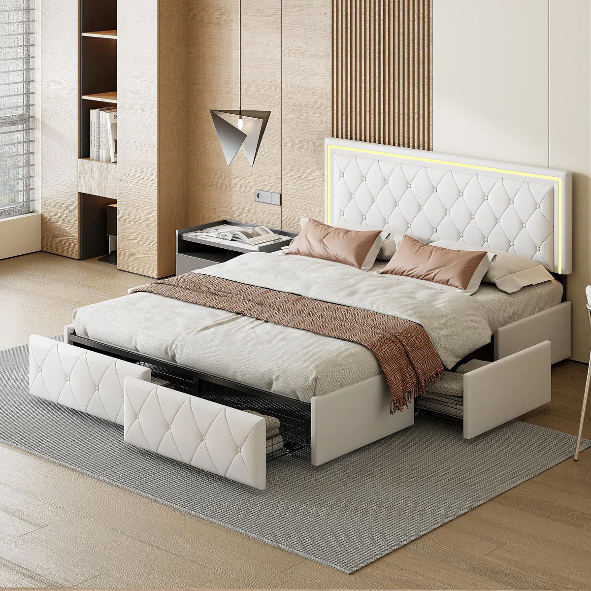 Letto imbottito 160 x 200 cm con illuminazione a LED, letto matrimoniale con 4 cassetti di stoccaggio, telaio letto matrimoniale con rete a doghe, letto cassetto, Beige bianco