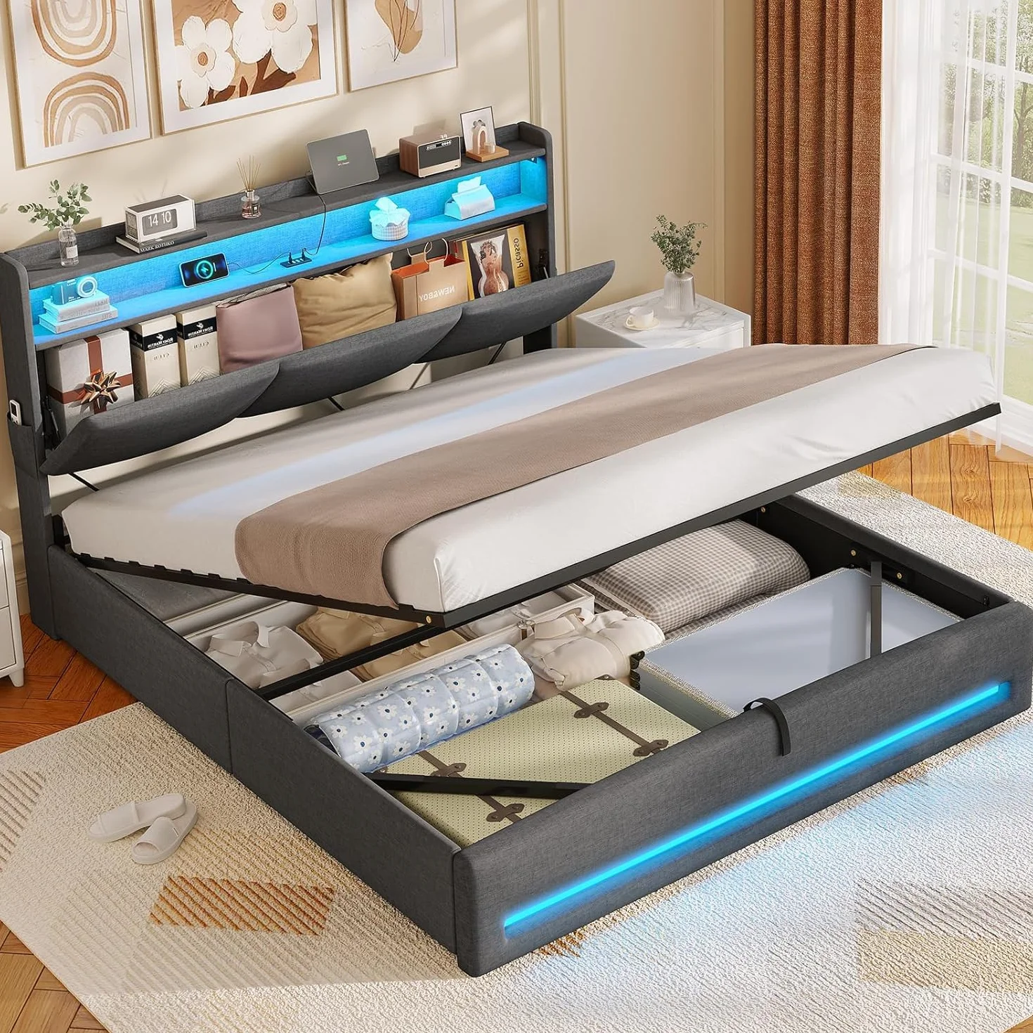 AGOLLATI Letto Contenitore Matrimoniale, Letto 140x190 cm con Illuminazione LED e Stazione di Ricarica, Letto Matrimoniale con Sollevamento Idraulico, Testiera Imbottita con Contenitore, Grigio Scuro