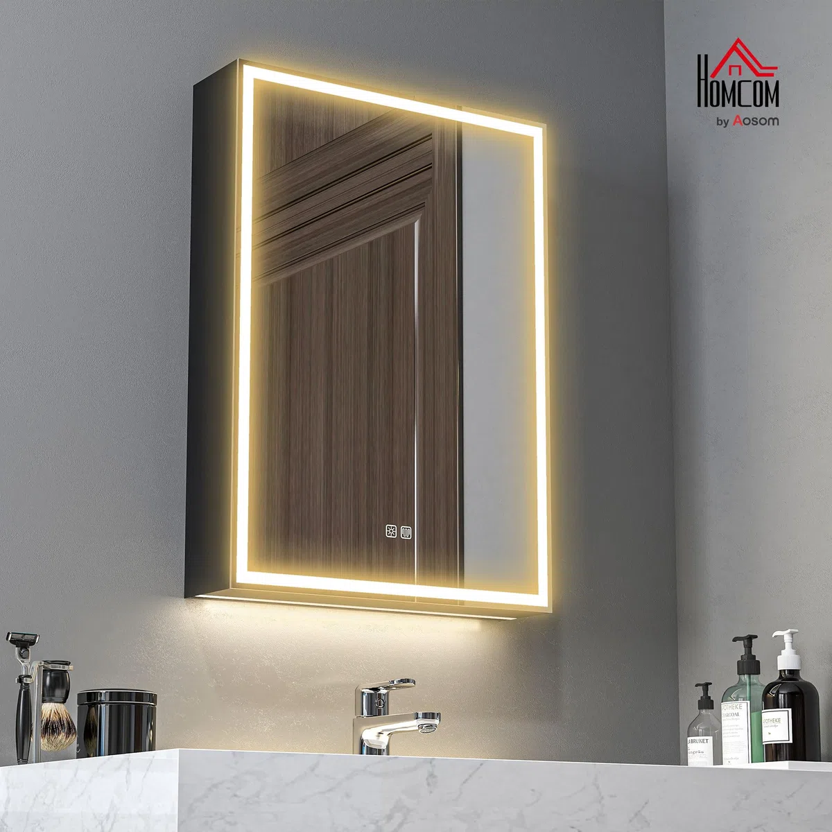 HOMCOM Armadietto a Specchio per Bagno con Luci LED e Presa per Rasoio, Armadietto a Parete con Specchio, Pad Anti-Appannamento, Dimmer, 3 Colori, Mobile da Bagno, Nero