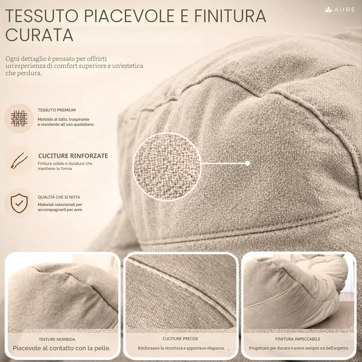 Aiire Pouf Poltrona Sacco di Design - Puff per Sedersi in Cotone con Imbottitura Inclusa - Bean Bag Chair per Salotto, Camera da Letto o Lettura - Pouffe Moderno Beige