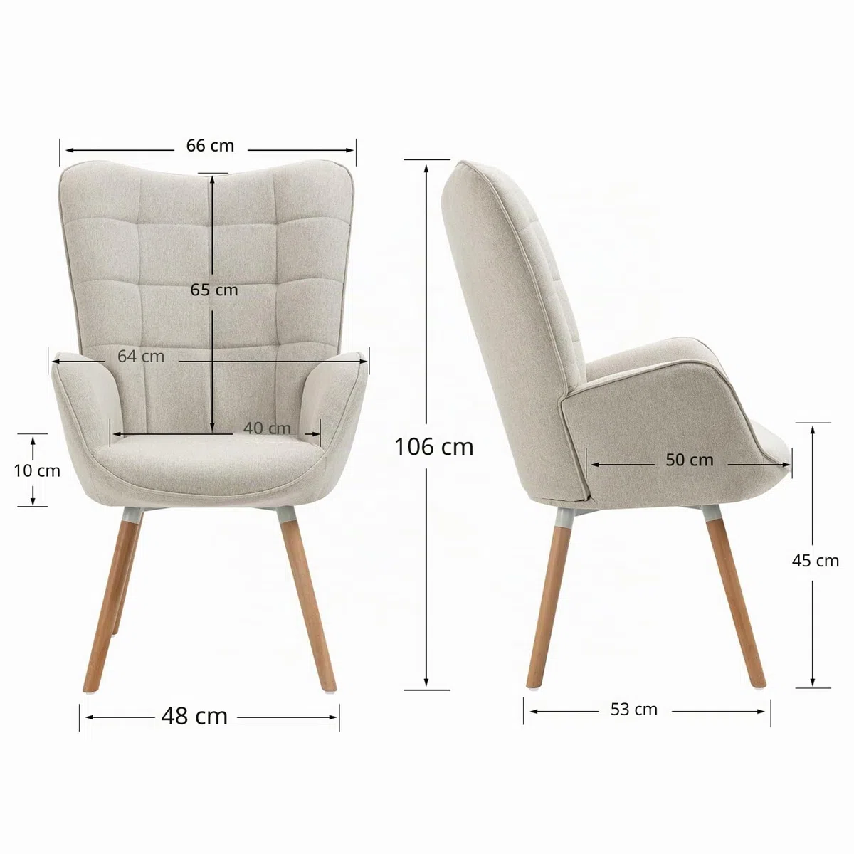 MEUBLE COSY Poltrona Imbottita Scandinavia Sedia da Salotto con Braccioli Poltroncina Relax in Tessuto con Schienale Alto Gambe in Legno per Camera da Letto Soggiorno, Beige, 66x64x106cm