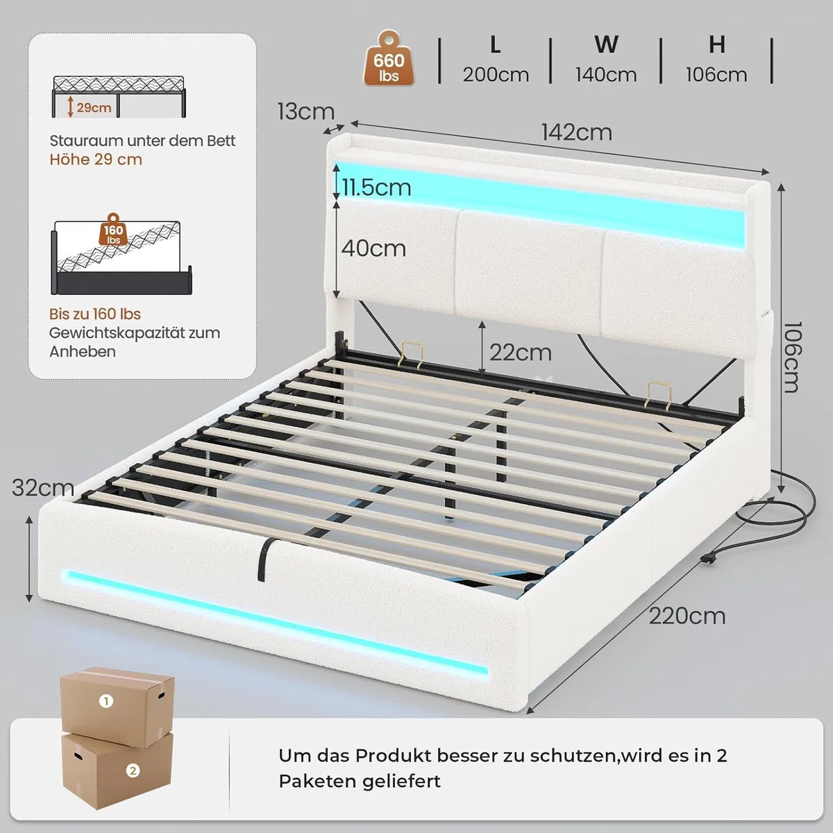 AGOLLATI Letto Contenitore Matrimoniale, Letto 140 x 200 cm con Illuminazione a LED e Stazione di Ricarica, Letto Matrimoniale con Sollevamento Idraulico e Testiera Imbottita, Beige (Teddy Fleece)