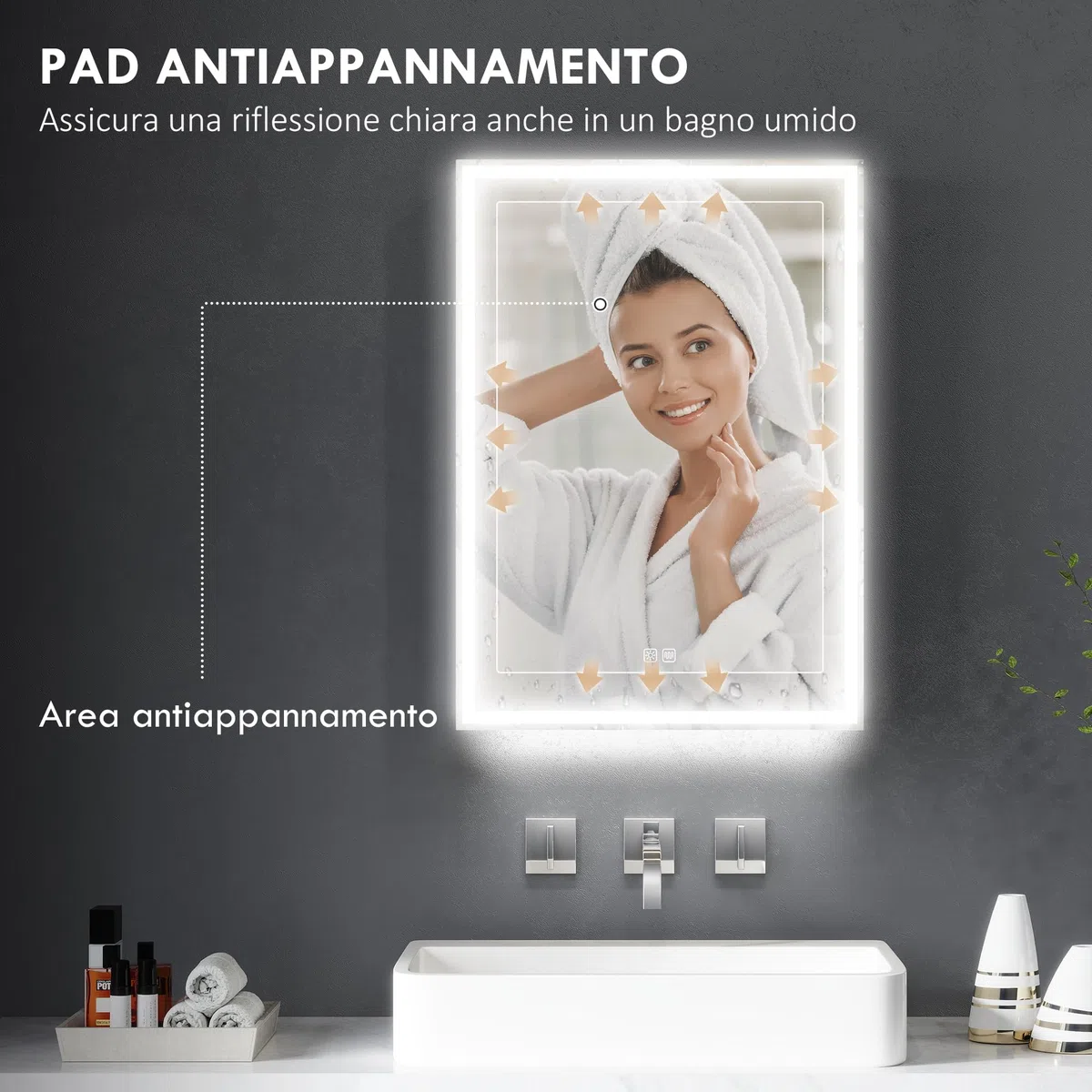HOMCOM Armadietto a Specchio per Bagno con Luci LED e Presa per Rasoio, Armadietto a Parete con Specchio, Pad Anti-Appannamento, Dimmer, 3 Colori, Mobile da Bagno, Nero