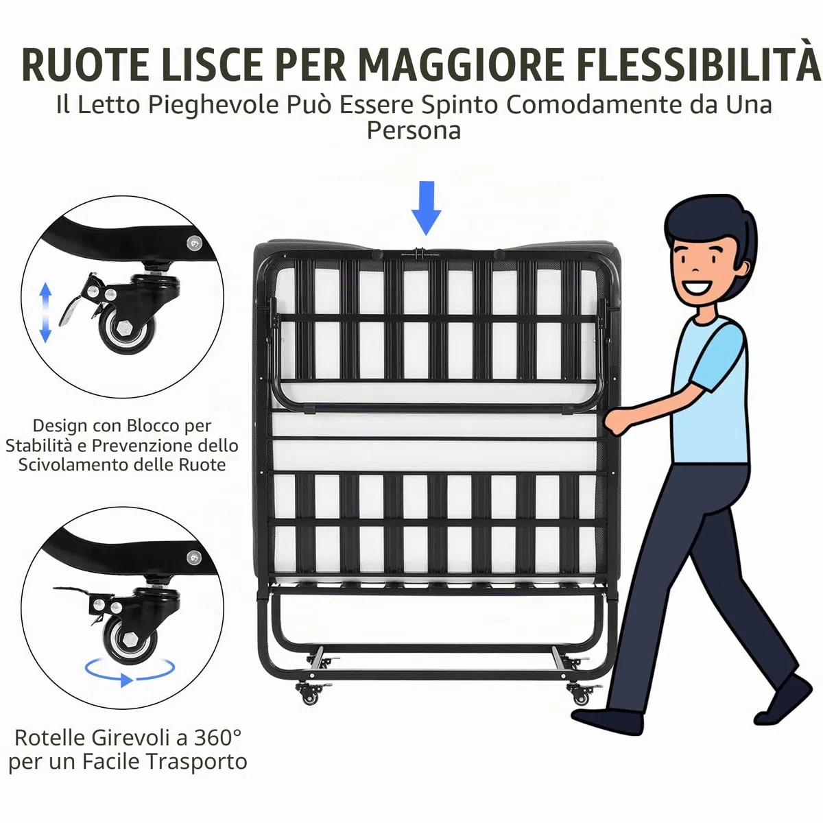 DICTAC Letto Pieghevole Singolo con Materasso 90x200 cm Brandine Letto Pieghevole per Adulti con 13 cm Materasso Memory Foam,Metallo letto richiudibile con Ruote,Fino a 200 kg,nero