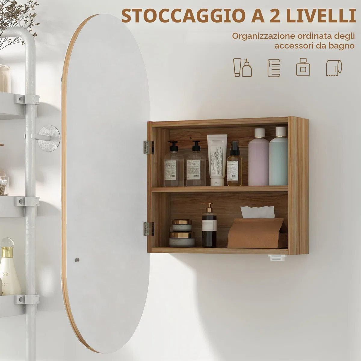 HOMCOM Mobile da parete per bagno con specchio ovale, 45 x 90 cm, mobili da bagno moderni, design senza cornice, specchio con contenitore, legno naturale