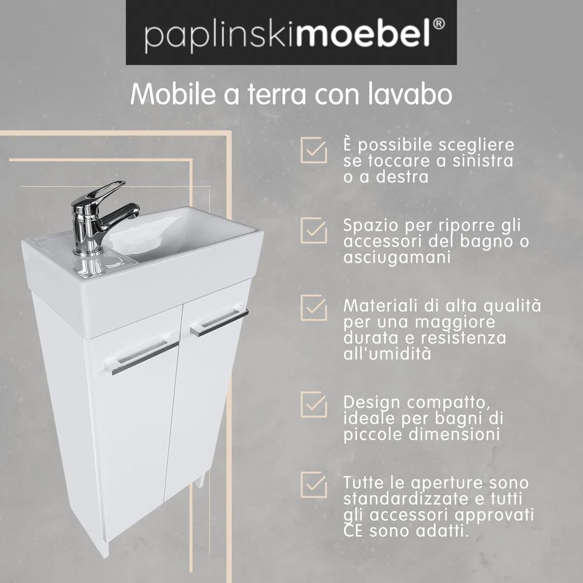 Lavandino Bagno con Mobiletto 41 cm Malibu, Ceramica, Mobile Bagno con Lavabo, Mobile Lavabo, Mobiletto Sotto Lavandino - Bianco