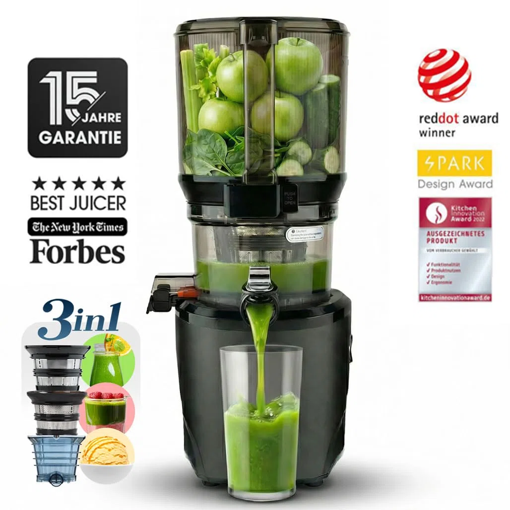 Kuvings Slow Juicer AUTO10S Premium – Spremiagrumi frutta e verdura Vincitore del test 3 l, facile da pulire, senza BPA, extra silenzioso, 200 W, L 15 anni di garanzia (nero opaco)