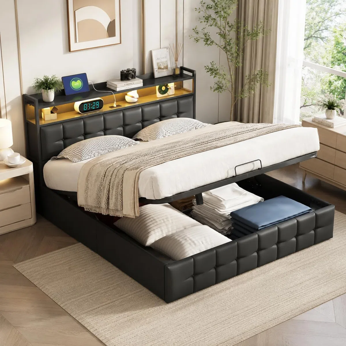 KeepGoon letto matrimoniale con contenitore 160 x 200 cm, letto imbottito con rete a doghe, testiera a LED con funzione USB, letto funzionale, in pelle nera, barra di pressione dell'aria