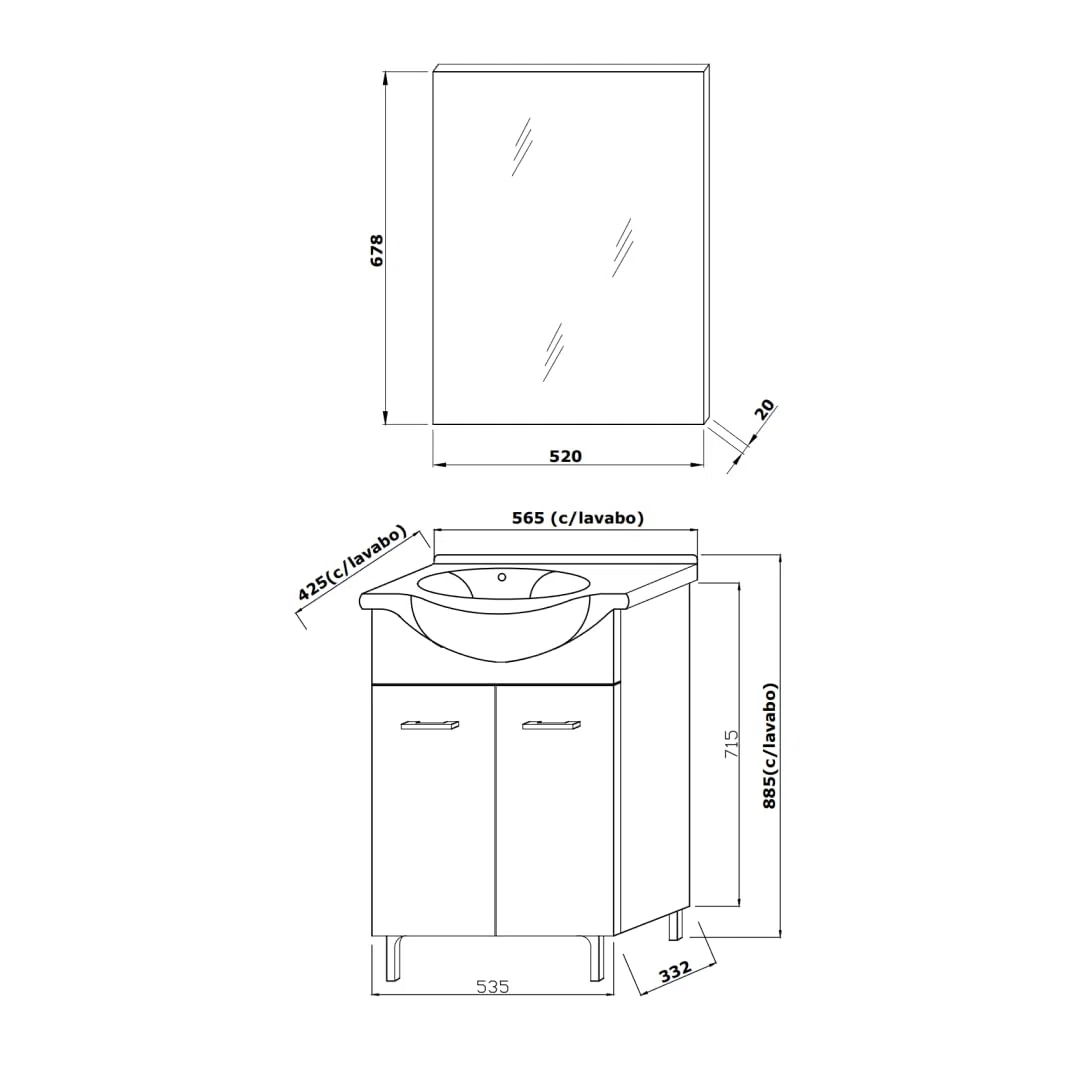 Kiamami Valentina - Mobile bagno a terra 55cm rovere bianco, lavabo e specchio 52x69 Rimini