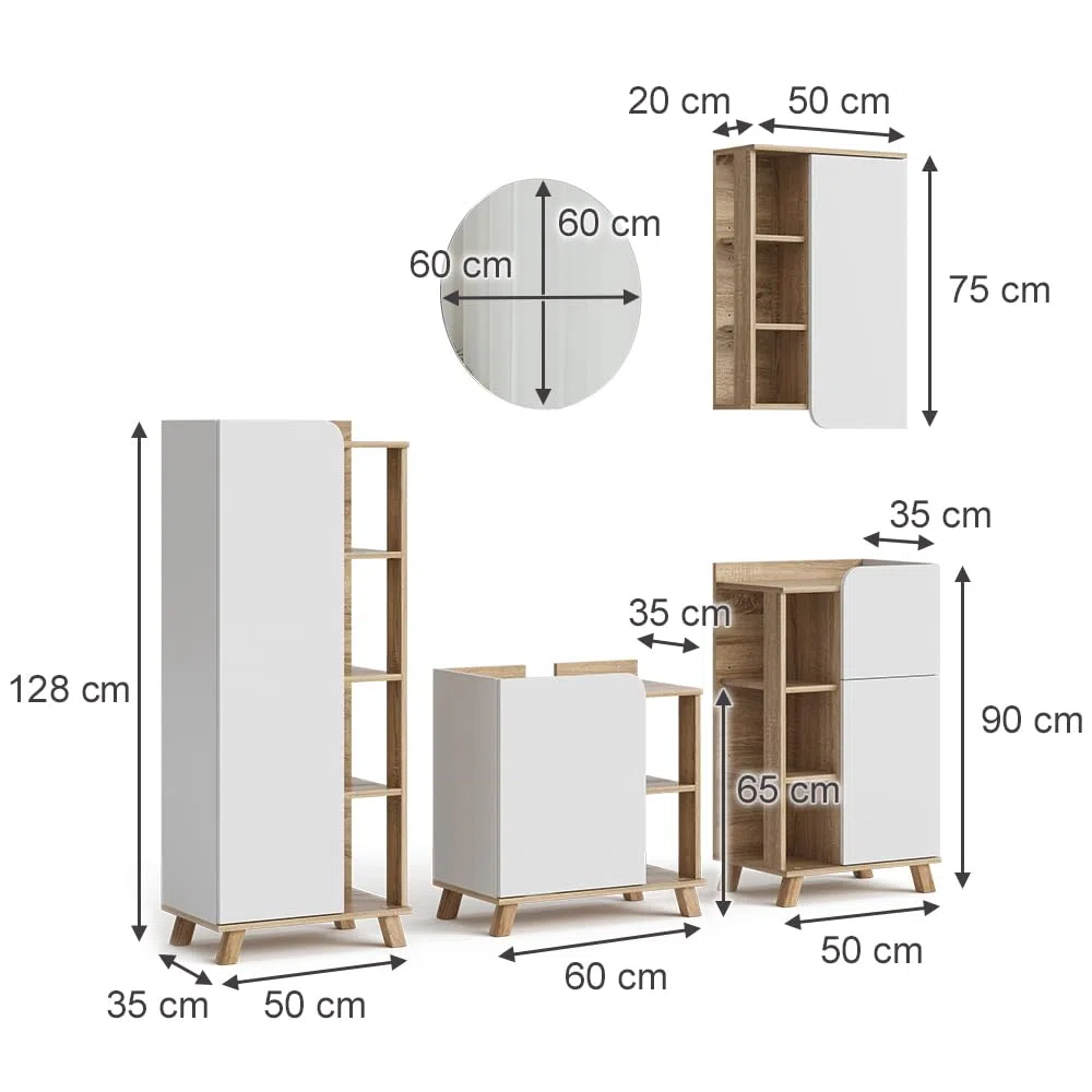 Vicco Set di mobili da bagno Karen, Sonoma/Bianco, 60 cm, composto da mobile lavabo, specchiera, armadietto, colonna e pensile