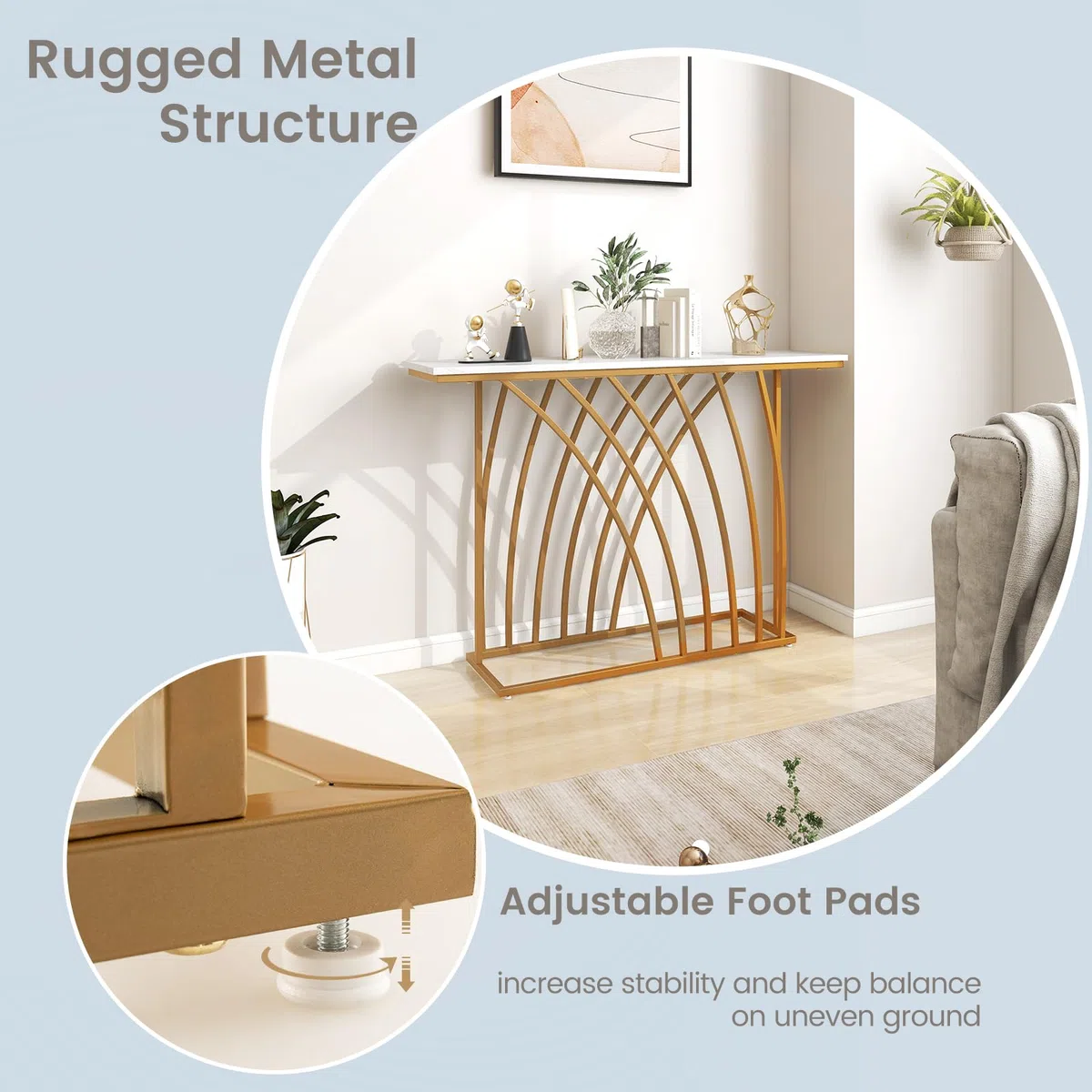 LIFEZEAL Tavolo Console Moderno, Effetto Marmo, Tavolo d’Ingresso, Telaio in Metallo, Piedini Regolabili, Salvaspazio, Corridoio, Soggiorno, Entrata, Max 20kg, 120x30x80cm, Oro