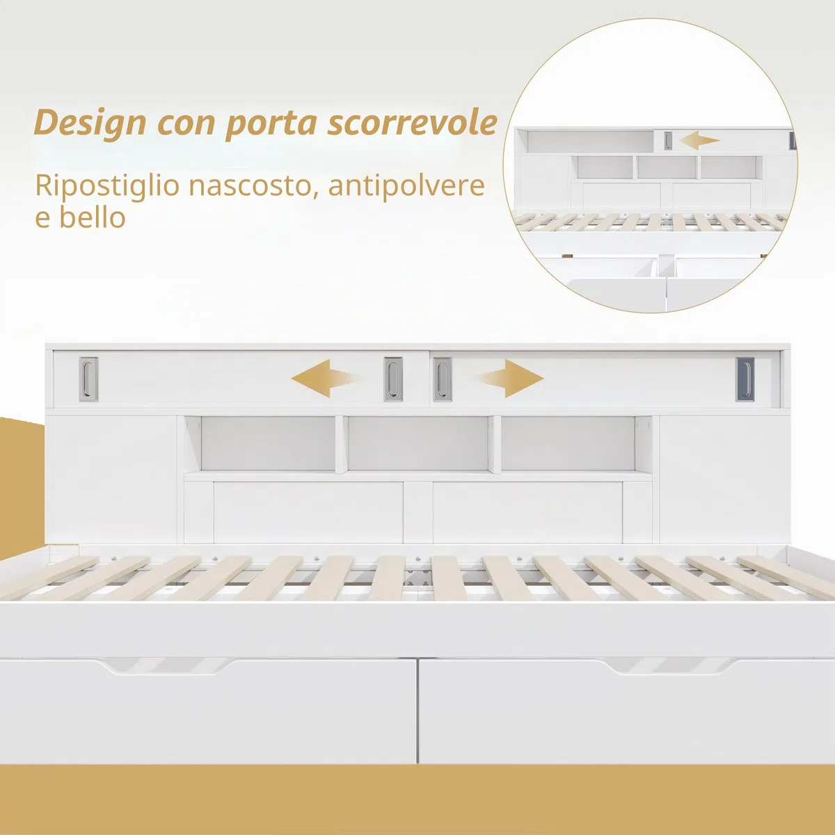 Letto per bambini 90x200, letto singolo con ripiani e armadio contenitore, letto contenitore con cassetti, struttura letto con rete a doghe, per adulti e ragazzi, senza materasso, bianco