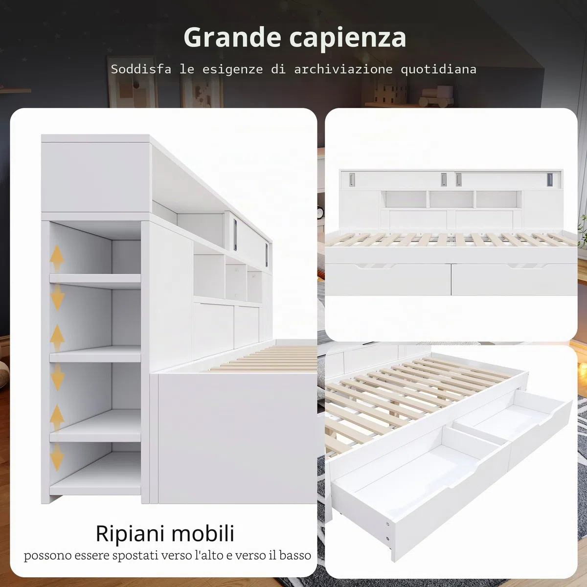 Letto per bambini 90x200, letto singolo con ripiani e armadio contenitore, letto contenitore con cassetti, struttura letto con rete a doghe, per adulti e ragazzi, senza materasso, bianco