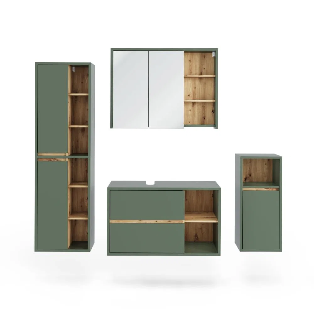 Vicco Set di mobili da bagno Viola, Verde/Artigianale, 100 cm, composto da mobile lavabo, pensile a specchio, colonna e base media
