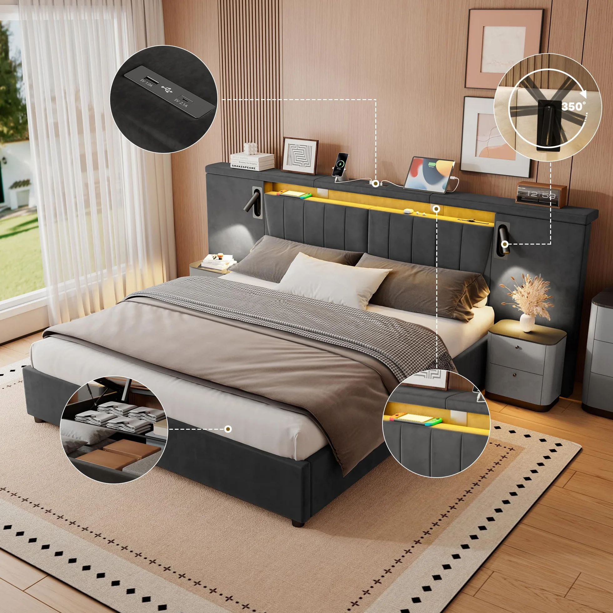 Letto Matrimoniale 180x200 con LED Testiera larga, Letto Contenitore Matrimoniale con porta USB e Lampada, Struttura Letto Matrimoniale Imbottito 180x200, Senza Materasso, Velluto Grigio