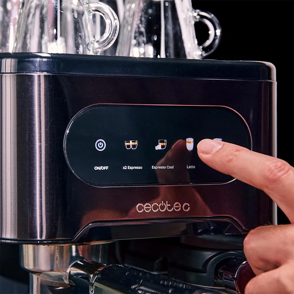 Cecotec Macchina Caffè Espresso Power Espresso 20 ColdBrew Latte+. 1350W, 20Bar, ColdBrew, Schermo Touch Color, Serbatoio Acqua 1.5L, 500ml Latte, Acciaio Scuro, Scaldatazze, Doppio Braccio