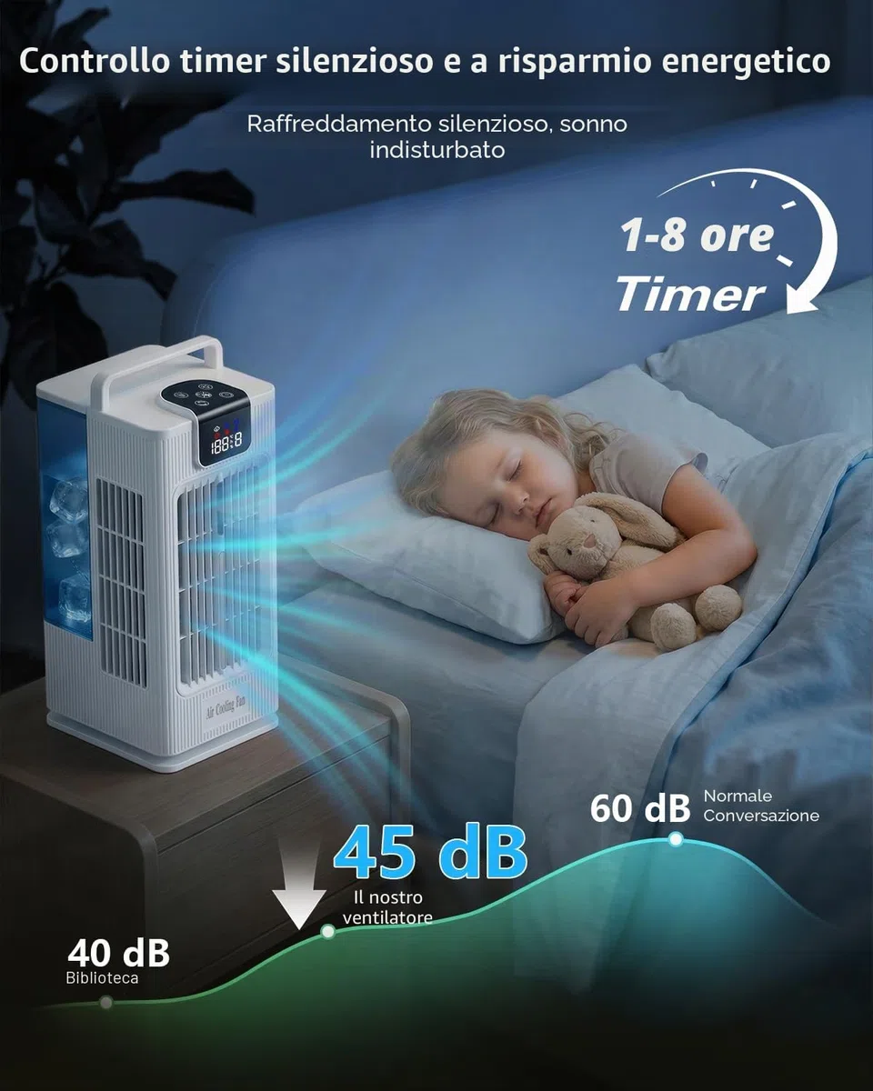 Mini condizionatore portatile: ventilatore raffreddamento ad acqua, serbatoio 2000ml, oscillazione 120°, 4 velocità, LED, timer + telecomando, senza tubo di scarico per casa/ufficio