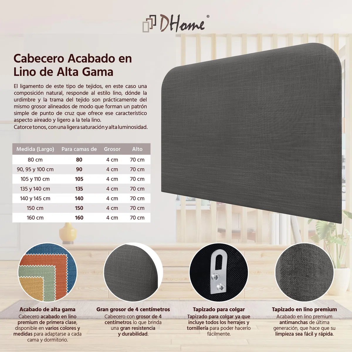 DHOME Testiera Letto Imbottita Liscia Curva in Lino 70 cm Altezza per Parete Acustica Testiere Fonoassorbenti Testiera Letto Camera da Letto (Grigio Scuro, 110cm)