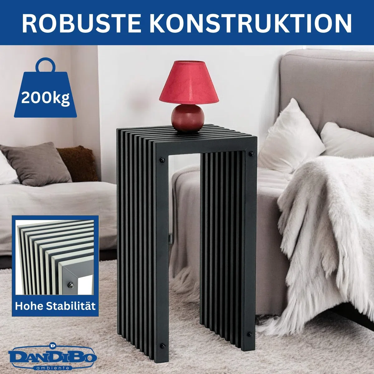 DanDiBo Sgabello a doghe in metallo, nero, base rettangolare, 65 cm, massiccio, moderno, con doghe (altezza 65 cm/L)