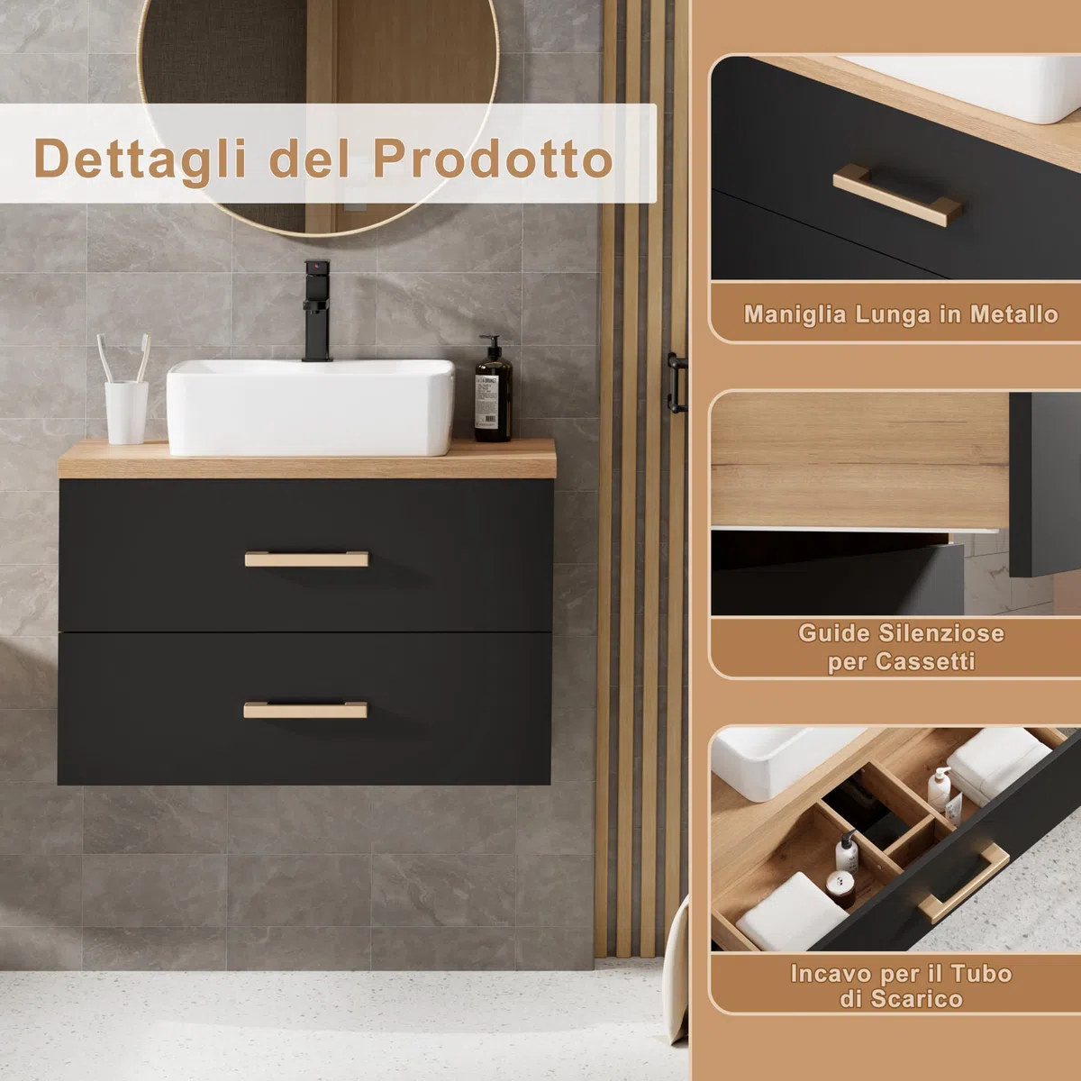 UEV Mobile Bagno 80CM con Lavabo in Stile Rustico,Lavandino con Mobiletto da Parete, Mobiletto Bagno Sospeso Impermeabile e Resistente, Nero