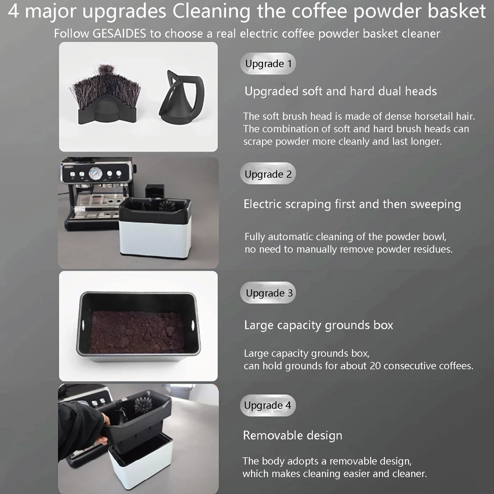 Pulitore Elettrico per Portafiltro - Macchina Automatica per la Pulizia dei Fondi di caffè - Scatola di Raccolta per caffè Espresso - Aspiratore per caffè Espresso,Silver