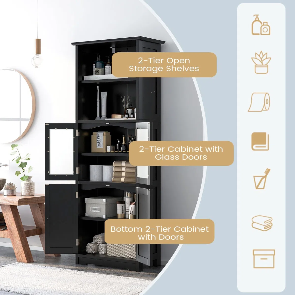 LIFEZEAL Mobiletto Alto da Bagno Salvaspazio, Mobiletto Multiuso in Legno, 60x30x163cm, Mobile Bagno con 2 Ante in Vetro, Armadietto da Terra con Ripiani Regolabile per Cucina e Soggiorno (nero)