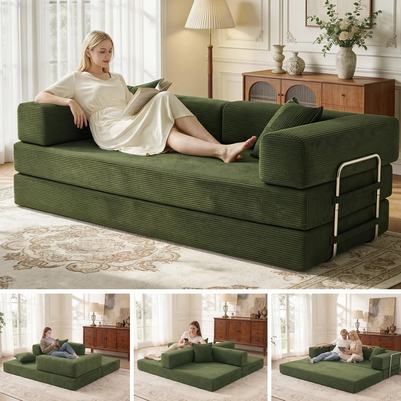 Vipbear Divano disossato, divano a 3 posti in velluto a coste 200 cm, letto pieghevole 5 in 1 convertibile con 2 cuscini in memory foam per camera da letto, verde | Cabrio