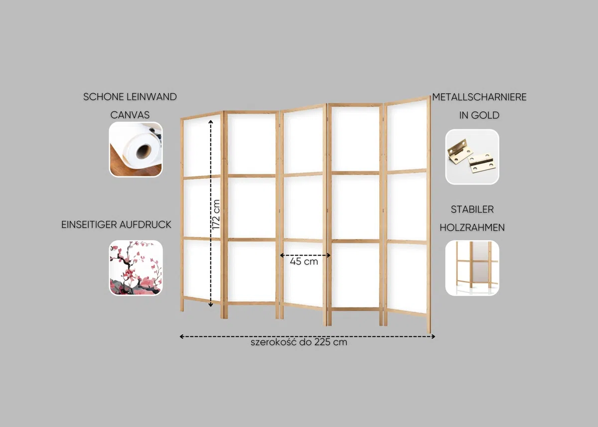 Paravento divisorio in legno 225x172 cm, 5 pezzi, unilaterale, in stile orientale
