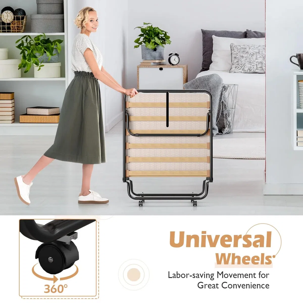 GIANTEX Letto Pieghevole, Singolo con 4 Ruote, 4 Gambe in Mettallo, Fibbia Fissata, 80 x 190 cm, Materasso di 10 cm, Ideale per Viaggio e di Riserva