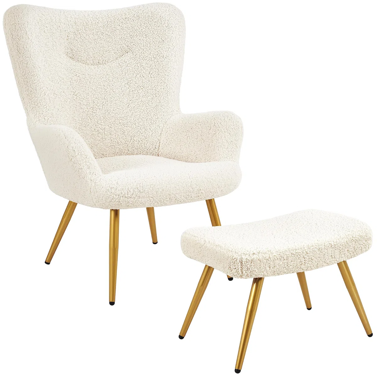 Yaheetech Set Poltrona da Salotto con Pouf Poggiapiedi in Tessuto Bouclé e Metallo Imbottita con Schienale Braccioli per Lettura/Camera da Letto/caffè/Studio Avorio