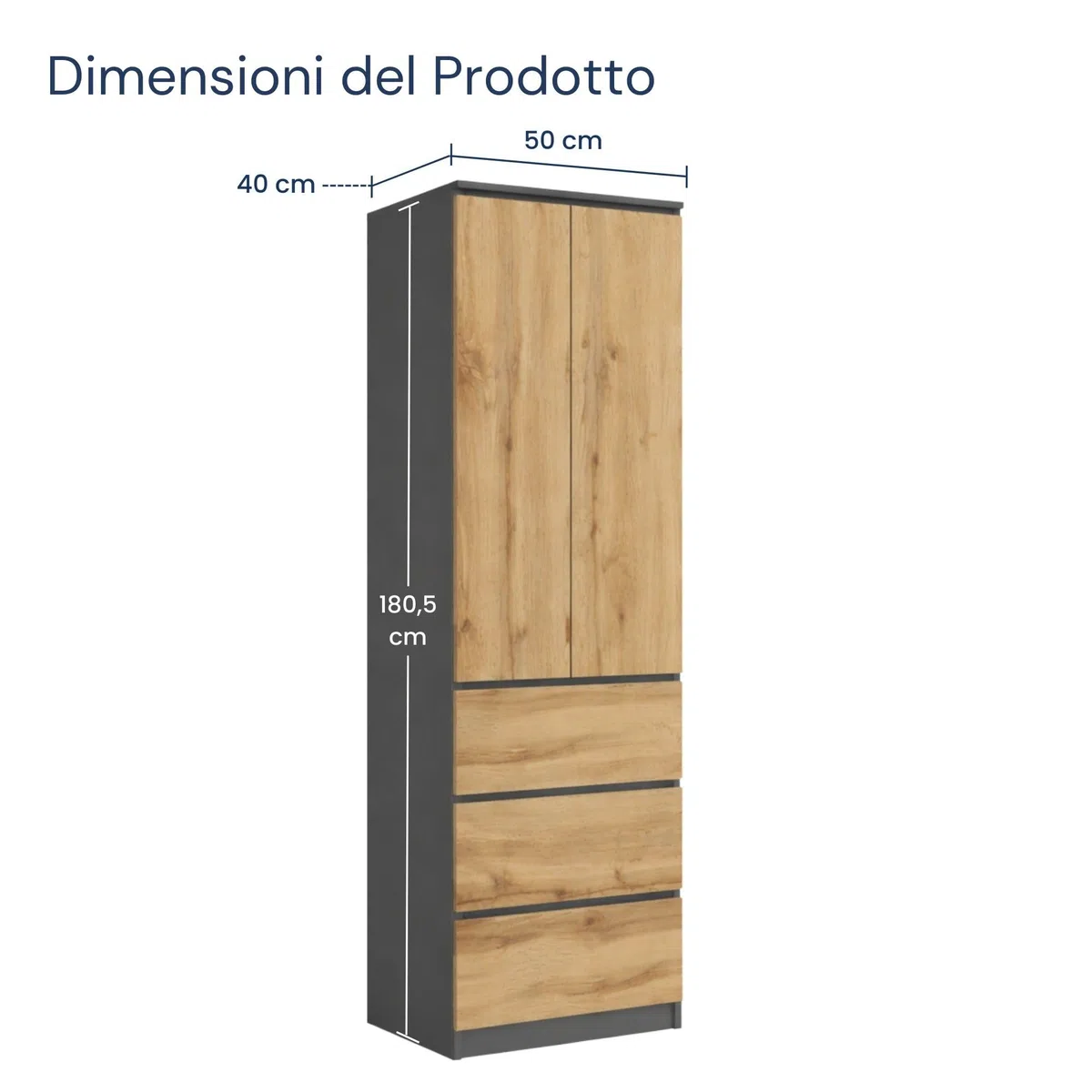 Home Collective Armadio multiuso a 2 ante con 3 ripiani e 3 cassetti | Armadio per camera da letto, ingresso o ufficio | 50x40x180 cm (LxPxA) | Antracite/Rovere
