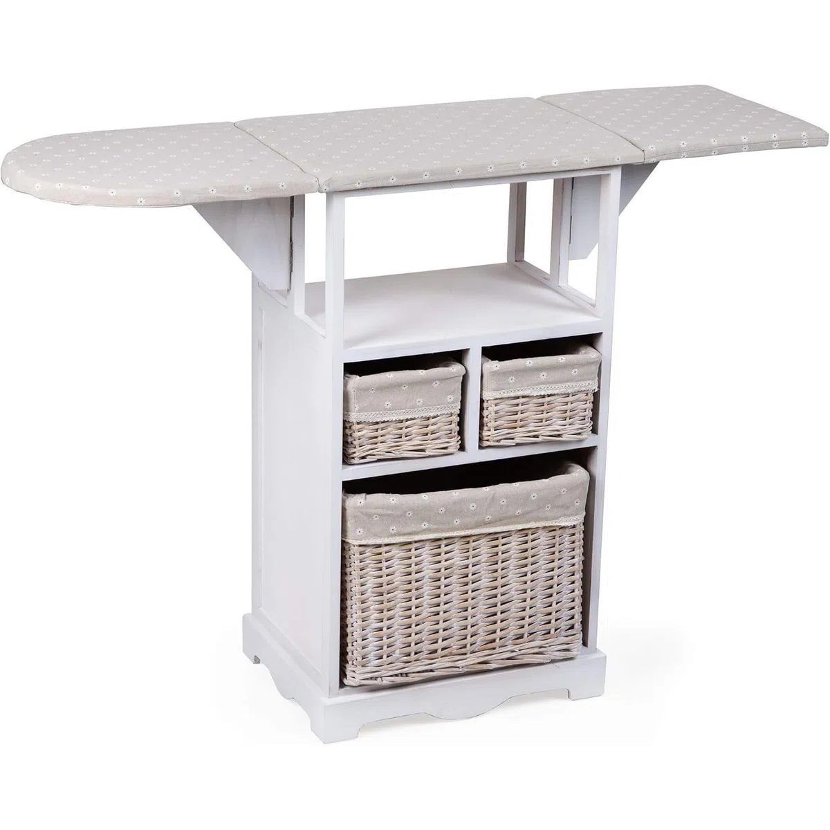Mobile da Stiro con Asse ripiegabile e 3 Cesti in Vimini foderati con tessuto stampato con fiori margherite 54X36X86 cm