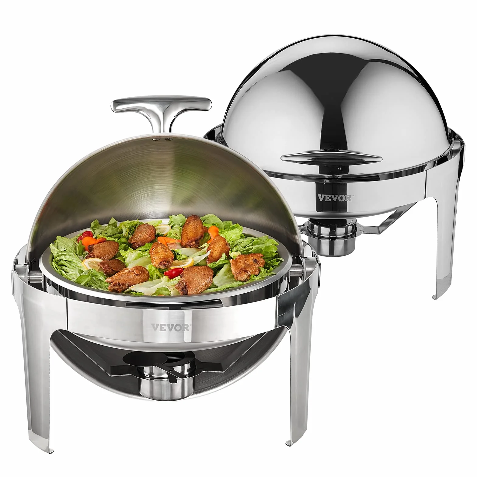 VEVOR Set di Scaldavivande 2 Pezzi in Acciaio Inox per Servizio Buffet Catering Ristorazione Coperchio Arrotolabile Capienza Max. 5,5L, Set di Vassoio di Riscaldamento Scaldavivande Rotonda per Buffet