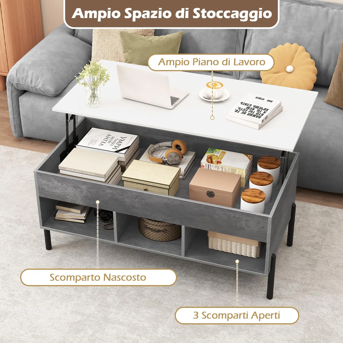 COSTWAY Tavolino da Caffè Sollevabile, Tavolo da Salotto con Piano Sollevabile, Ampio Comparto Nascosto, 3 Scomparti Aperti e Gambe in Metallo, Ideale per Salotto e Ufficio (Grigio)