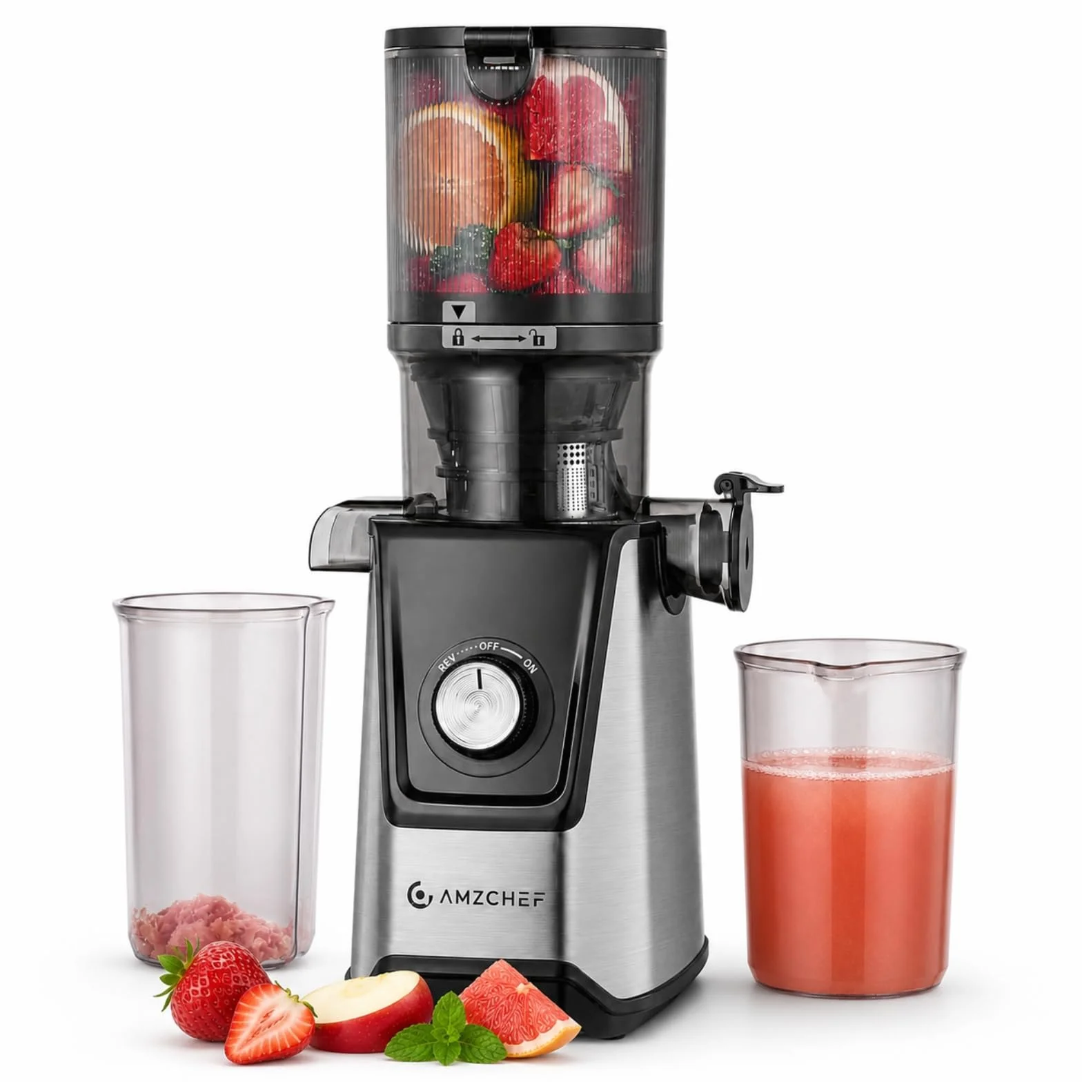 AMZCHEF Estrattore di Succo Lento 118mm Scivolo Largo – Silenzioso, Filtro Doppio, Funzione Inversa – Estrattore Frutta e Verdura Facile da Pulire
