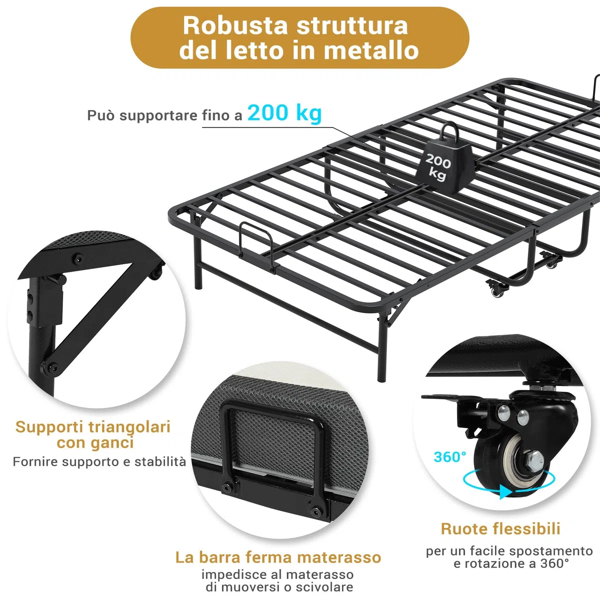 Brinlawb Brandina Pieghevole con Materasso Spesso 10 cm, 90 x 200 cm Letto Pieghevole Singolo con Materasso Letto per Ospiti con Struttura in Robusta Metallo e 4 Ruote Letto a Scomparsa, Fino a 200 kg