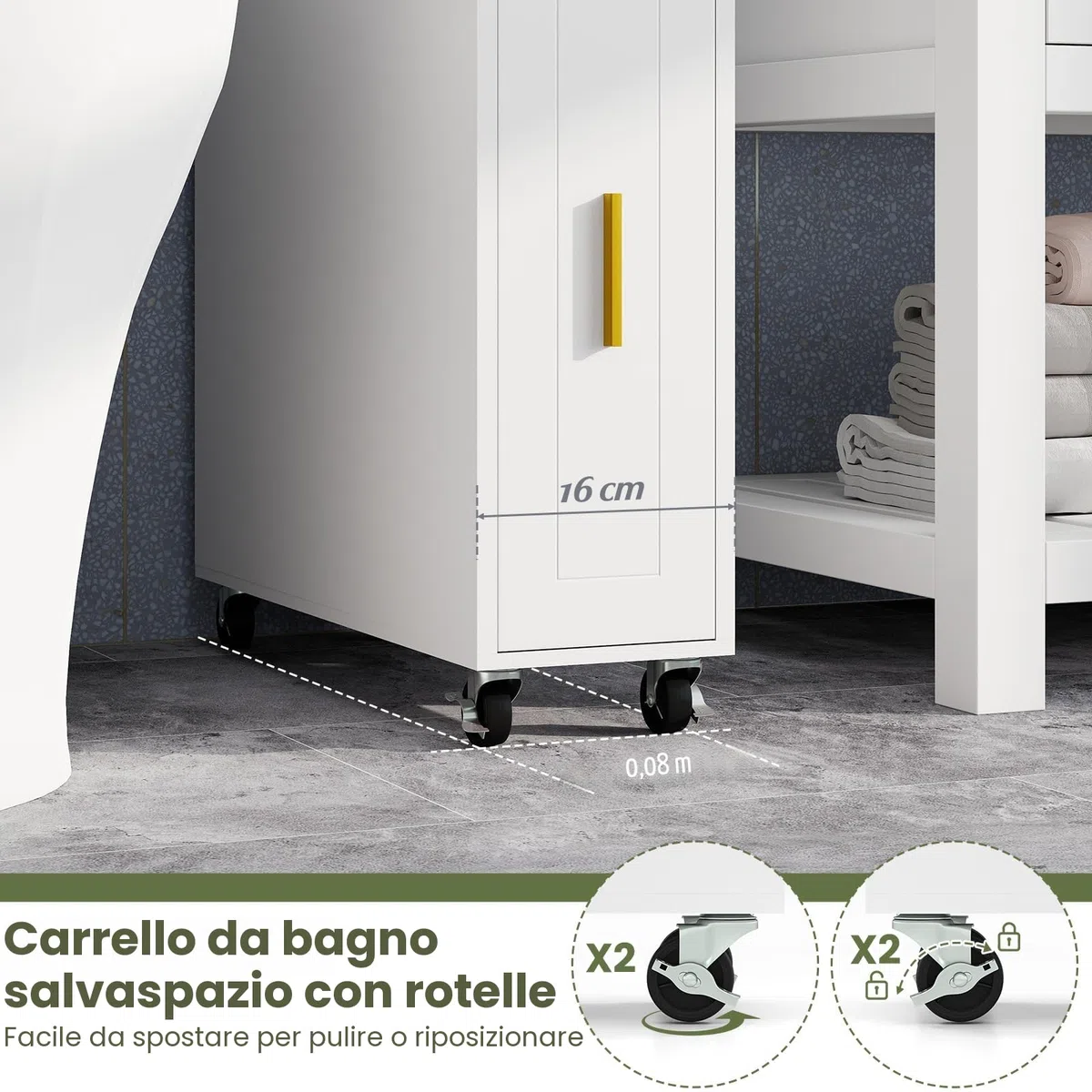 LIFEZEAL Armadietto da bagno, carrello portaoggetti arrotolabile, porta carta, porta spazzola e cassetto, piccolo organizzatore salvaspazio