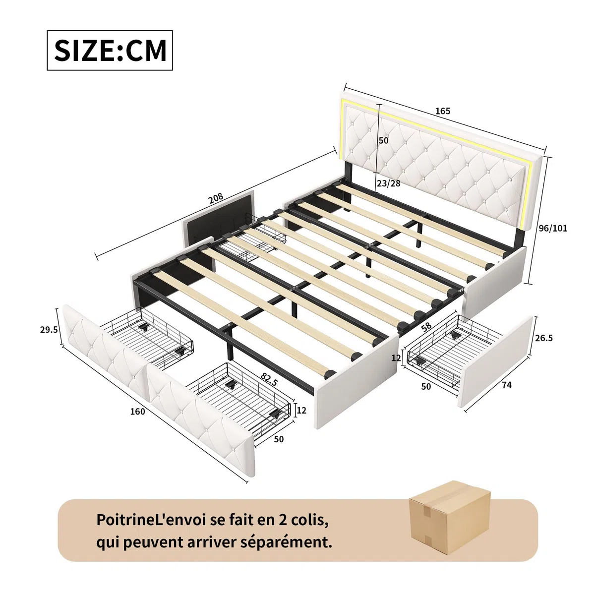 Letto imbottito 160 x 200 cm con illuminazione a LED, letto matrimoniale con 4 cassetti di stoccaggio, telaio letto matrimoniale con rete a doghe, letto cassetto, Beige bianco