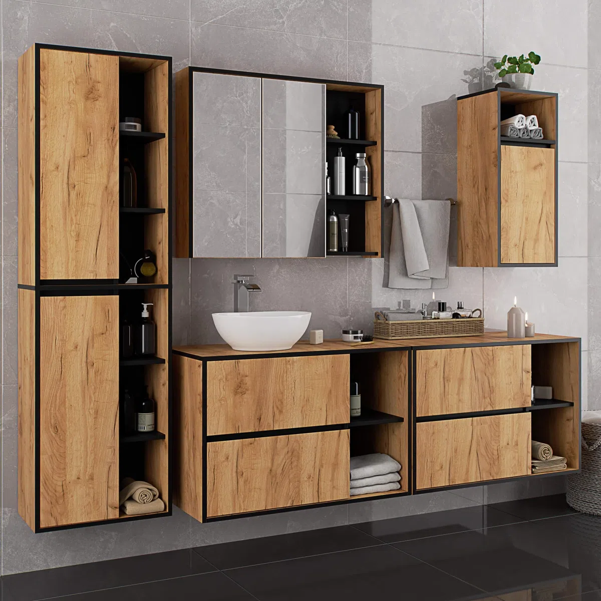 AKORD Mobile Bagno con Specchio VAMI 90 cm - Pensile Bagno Specchio Contenitore 2 Ante, 6 Ripiani - Spazioso - Robusti e Resistenti all'Umidità - 90x75x15 cm - Rovere Artigianale & Nero