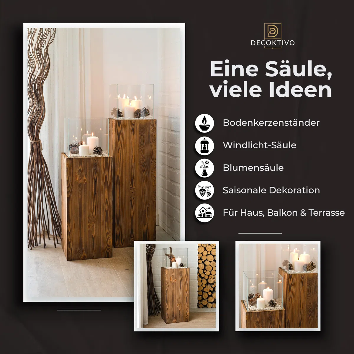 Colonna portacandela in legno e vetro, lanterna decorativa da pavimento, portacandela design per soggiorno, balcone e terrazza, finitura noce, altezza 80 cm