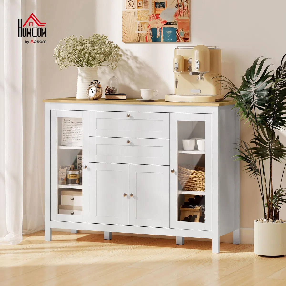 HOMCOM Credenza Cucina, Mobile Cucina con 2 Cassetti, 3 Armadietti, Piano d'Appoggio in Caucciù, Credenza Buffet con Ante a Vetro, Ripiani Regolabili, per Soggiorno Sala da Pranzo, 120x40x90cm, Bianco
