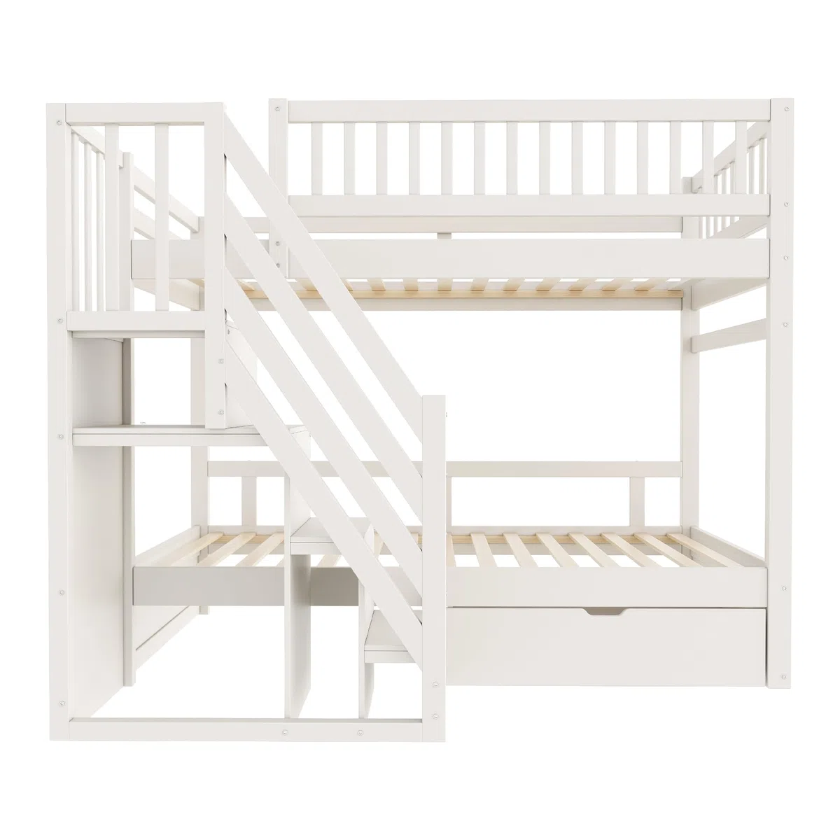 Letto a castello 90x200, letto per bambini con scala e armadio, letto a soppalco con cassetti, rete a doghe in legno, bianco, senza materasso